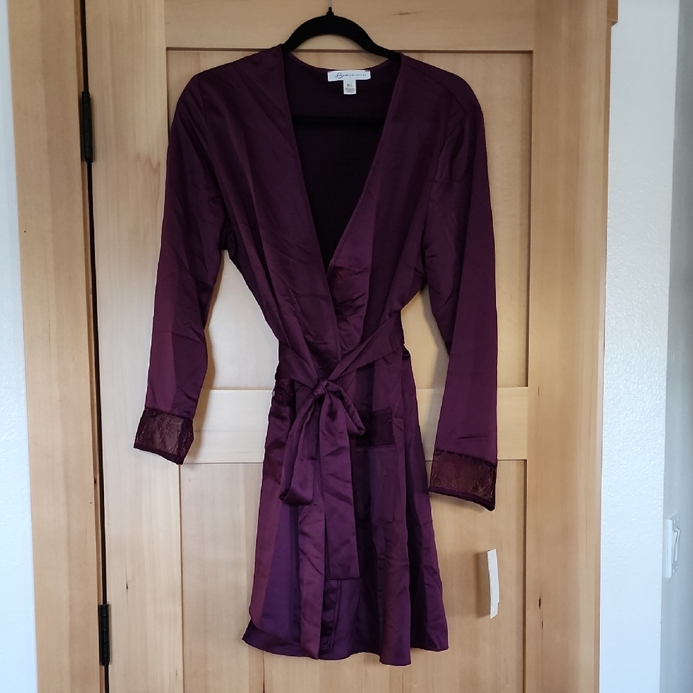 Purple Satin Robe with Lace Trim